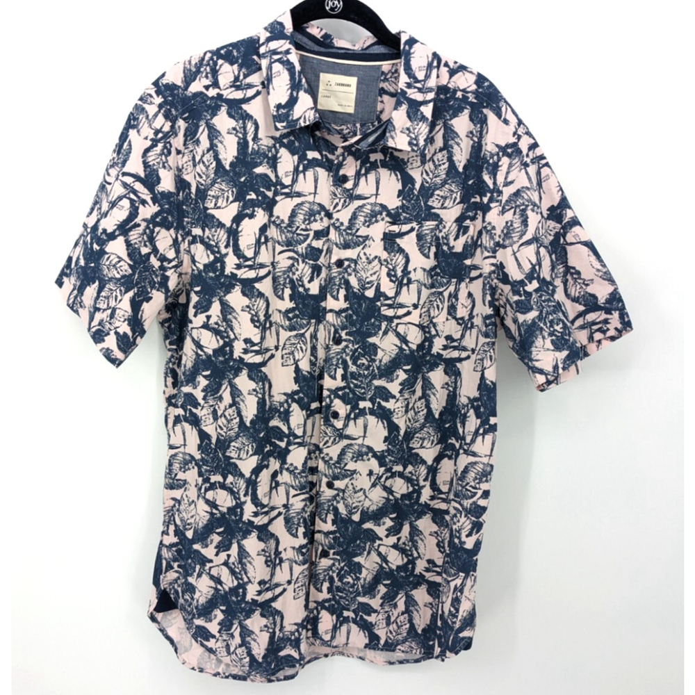ZakBrand Shirt Men Large Pink Blue Hawaiian Tiki Aloha Resort Tropical Button Up